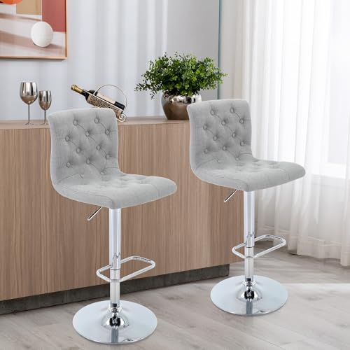 Butacos de Tela con Respaldo, Juego de 2, Gris Claro, Altura Ajustable de 24,75" a 33", Giratorios, para Isla de Cocina, Bar o Cafetería miniatura 2