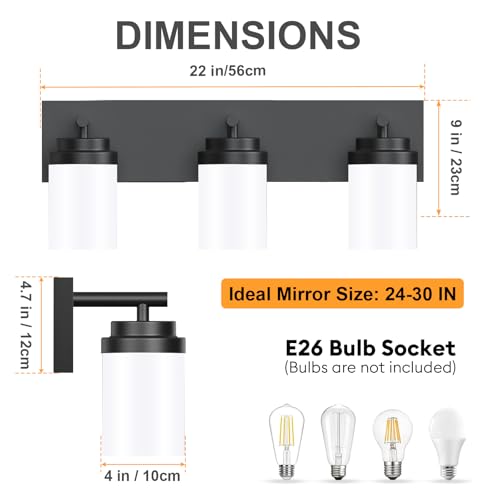 Image of IZORRO Bathroom Vanity Light Fixture, 3-Light 22 Inch Matte Black Bathroom Light Fixtures Over Mirror, with White Glass Shade, Modern Farmhouse Vanity Lights, Rustic Restroom Lighting Fixtures