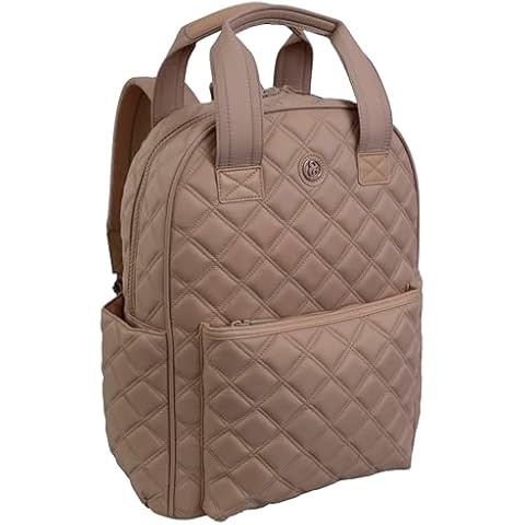 Joan & David 18 Inch Diamond Quilted Nylon Backpack with Padded Laptop Sleeve and Side Slip Pockets (Tan) Cover