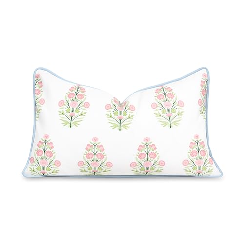 Hofdeco Premium Coastal Patio Indoor Outdoor Lumbar Pillow Cover Only 12×20 Water Repellent for Backyard Couch Pink Green Baby Blue Floral with Piping