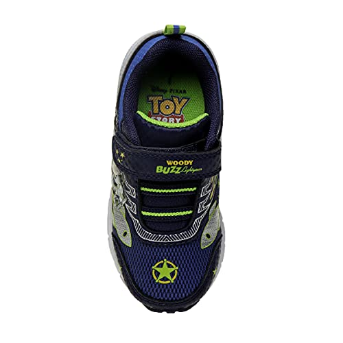 Disney Boys Toy Story Shoes – Buzz and Woody Laceless Light-Up Sneakers (Toddler/Little Kid), Navy and Green, 104