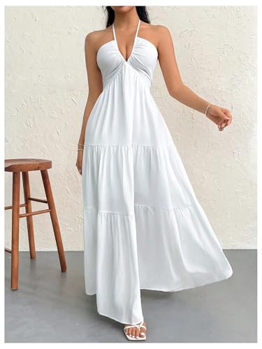 SHENHE Women's Deep V Neck Tie Knot Backless Halter Dress A Line Flowy Ruffle Maxi Dress3