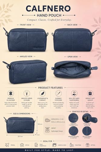 Image of Calfnero Genuine Leather Toiletry Bag for Men & Women | Premium Leather Travel-Pouch | Toiletry Organizer | Cosmetic & Shaving Kit Bag | Unisex Travel Dopp Kit (Navy)