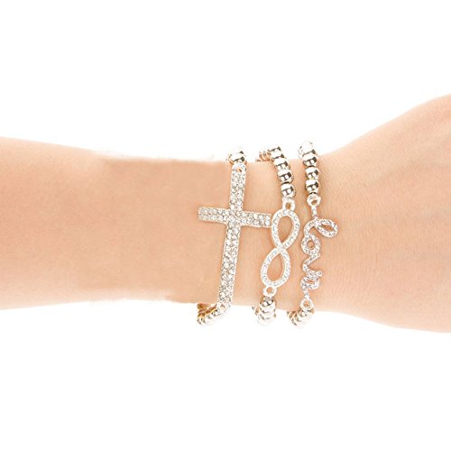 Changeshopping 3pc Lady Girl Cross Love Bead Pearl Nice Rhinestone Bracelet Chain (Silver)