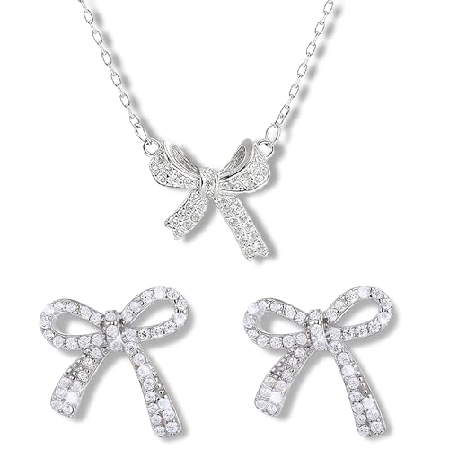 3PCS Set Including 1 Pair Silver Bow Earrings for Women and 1pc Bow Necklace Silvers Silver Studs Earrings for Women with Crystal And Cute Necklace Good for Womens Accessorizing