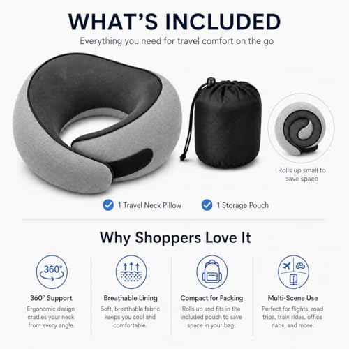 Oreiller de voyage pour avion, oreiller cervical en mousse à mémoire de forme pour voyage avec support de menton, housse lavable et sac de rangement, support de cou ergonomique à 360° pour les longs vols, voiture, bureau, maison, gris max – Image 4