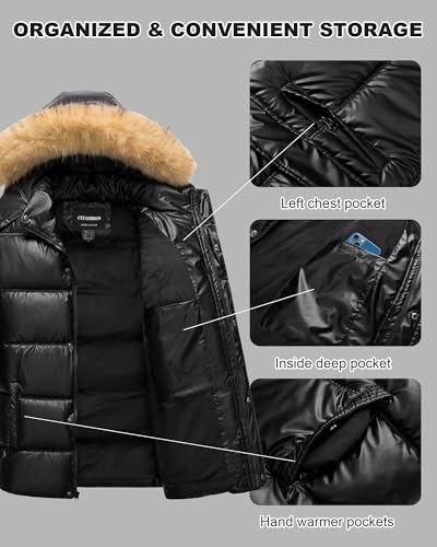 Image of Men's Puffer Jacket Winter Coat Puffy Parka with Fur Hood Waterproof & Windproof Shell Fleece lining 4 Pockets