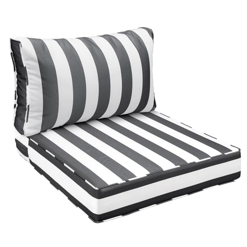 Image of AAAAAcessories Outdoor Seat Cushions for Chairs, Fade-Resistant, Waterproof Patio Furniture Replacement Cushions, 25.5 inch x 25.5 inch x 5 inch + 25.5 inch x 13.5 inch, Gray Cabana Stripe