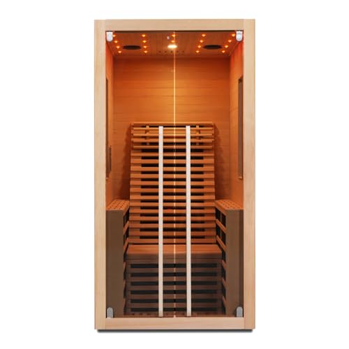 SANOTECHNIK Infrarotkabine Carbon 1 – 1 Person Infrarotsauna 100×130×195 cm | 8 Carbon-Heizplatten (1750W), LED-Farblicht, Bluetooth-MP3, 6mm ESG-Glas, Hemlockholz – Art.Nr.: F10100