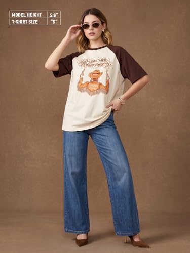 Image of JUNEBERRY 100% Pure Cotton Oversized Baggy Fit Drop Shoulder Round Neck Graphic Printed Raglan Sleeve T-Shirt for Women (Sizes: S to 2XL)