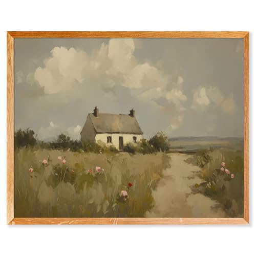 Country Farmhouse Picture Rustic Landscape Poster Vintage Wildflower Field Wall Art Antique Cottage Outdoor Garden Spring Wall Decor for Cottagecore Living Room Home Kitchen Bedroom 12x16Inch UnFramed