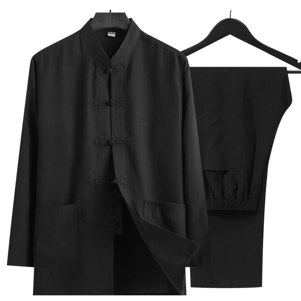 ACiyD Confortevole Abito Kung Fu Tai Chi Wing Chun Abbigliamento Camicia a Maniche Lunghe + Pantalone in Cotone Lino 2 Pezzi/Set Uomo Classico Abbigliamento Wu Shu per Padre (Nero M 1)