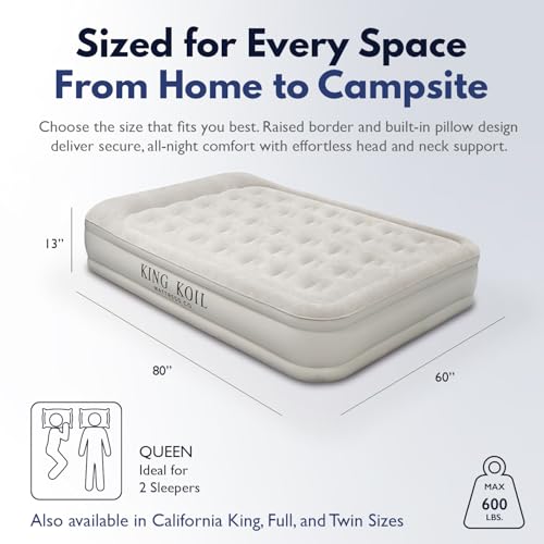 Image of King Koil 13 inch Queen Air Mattress with Built-in High-Speed Pump - CNN Underscored Top Pick, Sleeps Like a Real Bed, Inflates in 2 Minutes, 600 lb Capacity for Guests, Camping, Home, 1-Year Warranty