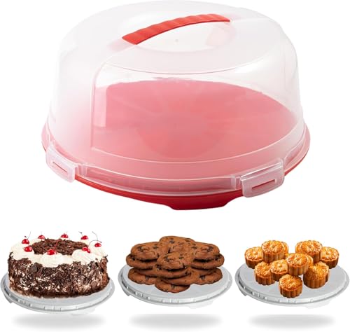 Buzztrove - Large Size | Cake Carrier with Handle | 15cm Tall Cake Storage Container with Airtight lid | Cake Storage Box with 4X Locking Lid for Cakes Cupcakes Pies & Pastries. (Red)