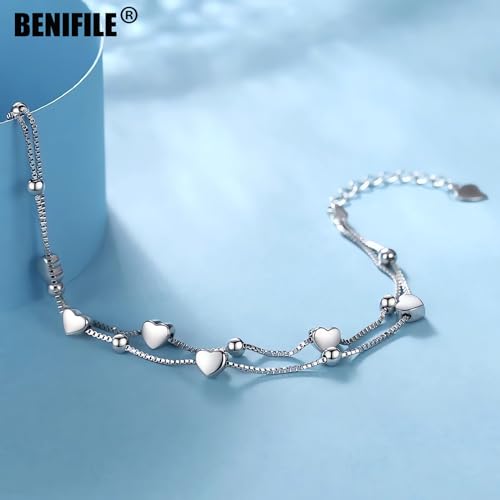 BENIFILE Silver Heart Bracelet Sterling Silver Bracelet for Women Girls Layered Charm Bracelets for Women Ladies Silver Bracelets Friendship Bracelets for Girls Women's Jewellery - Image 6