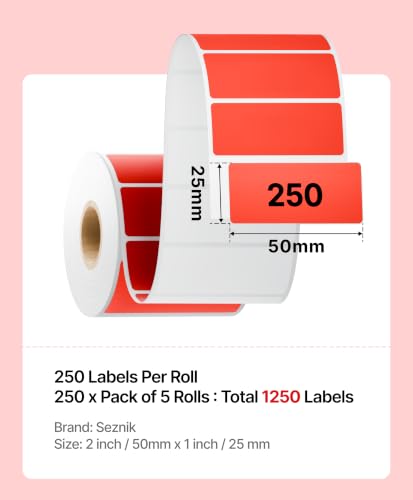 Image of SEZNIK Waterproof, Non-Tearable, Long Lasting Print, Sticky Thermal Lables, Label Roll, 2 inch Adhesive Thermal Labels for Label Printers (50mmx25mm) - 1250 Lables, Red