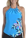 24th & Ocean Women's Standard High Neck Halter Handkerchief Tankini Swimsuit Top, Teal//Tropical...