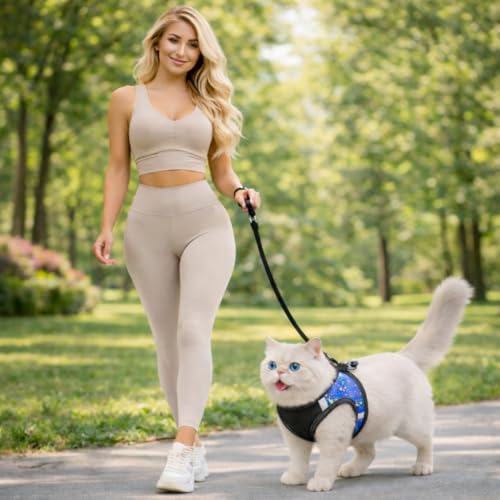 Image of Berlin's Cat Harness with Leash for Outdoor, Walking, Escape Proof, Air Mesh Fabric, Easy Control, Adjustable & Durable Cat Leash with Harness for Cats (Black-Printed Blue, Small)