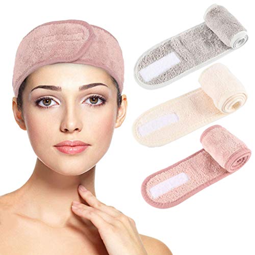 Chennie Facial Spa Headband Adjustable Stretch Towel With Magic Tape Yoga Sport Headband for Washing Face Makeup and Shower（Pack Of 3） (white&red&gray)