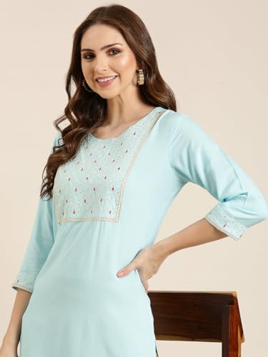 Image of SHOWOFFFF Women Solid Straight Ethnic Kurta | Round Neck 3 /4th Sleeves Cotton Kurta for Womens | Regular Fit Calf Length Kurta for Women's