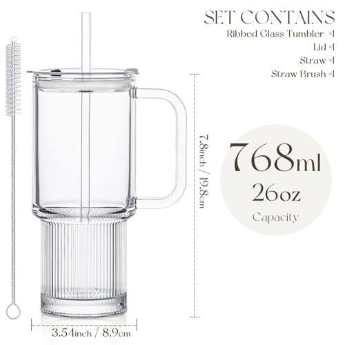 KEMORELA 768ml Glass Tumbler with Straw and Lid, Ribbed Glass Cup with Handle, Leakproof Lid, Iced Coffee & Juice Tumbler, Dishwasher Safe for Home, Office & Car - Image 5