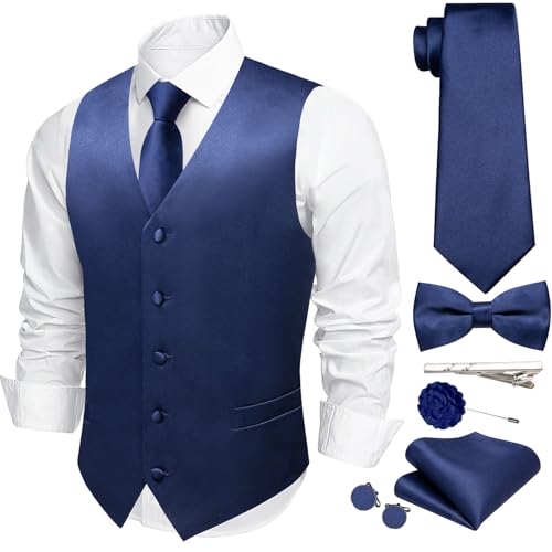 Men's Vest Tie Set Bow Tie Satin V-Neck Solid Colors Suit Waistcoat Cufflinks hanky Formal Wedding Business Tuxedo