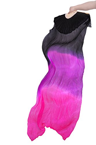 Nefertiti Bellydance Silk Fan Veils One Pair 180x90cm (Black-Purple-Fuchsia)