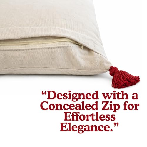Image of Embroidered Floral Lumbar Throw Pillow Cover with Filler, Red Tassels, 12x20 Inches
