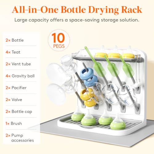 Image of Lifewit Baby Bottle Drying Rack with Drain Mat & 10 Hooks, Newborn Essentials Must Haves, Bottle Storage Organizer for Countertop, Cabinet, Rack Dryer Holder for Pacifiers, Pump Parts, Baby Stuff