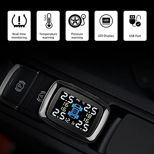 Tpms Sistema di monitoraggio della pressione dei pneumatici for auto, accendisigari con porta USB, allarme di sicurezza automatico, quattro sensori esterni Pressione Pneumatici(External sensor)
