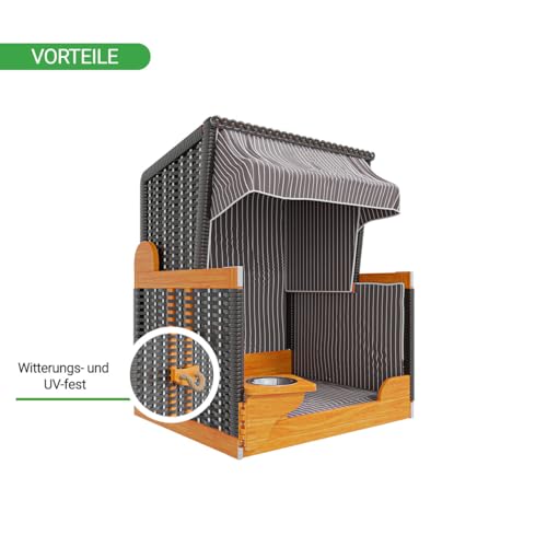 Woodtex Hundestrandkorb Kieferholz |Hundehütte anthrazit inkl. Schützhülle schwenkbarer Wasser-/Futternapf|Sonnenschutz Hunde und Katzen |Rattan Schwarz mit weißen Nadelstreifen