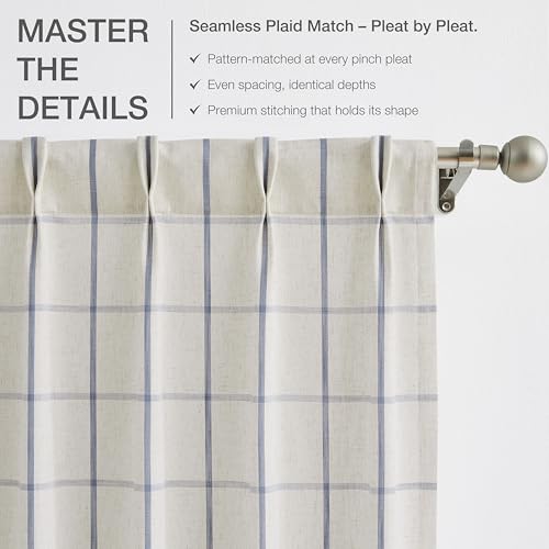 Vision Home Blue Plaid Linen Pinch Pleated Semi Sheer Curtains 40Wx108Lx2 - image 4