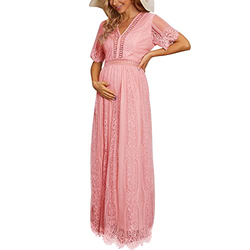V Neck Maternity Lace Maxi Dress Floral Eyelash Lace Maternity Dress for Baby Shower Photoshoot Beach Boho Short Sleeve Pregnancy Dresses B Pink