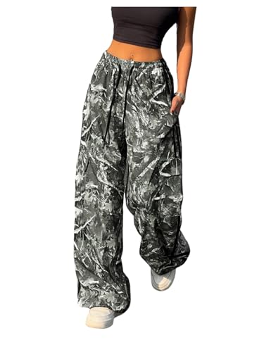 OYOANGLE Women's Camo Cargo Pants Drawstring Waist Side Striped Baggy Wide Leg Trousers Streetwear