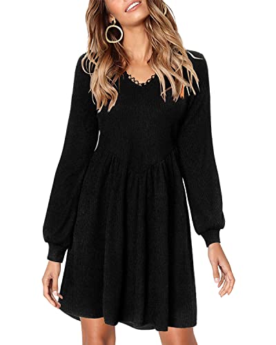 Solersun Long Sleeve Dresses For Women Ribbed Knit V Neck Fall Casual Pleated Midi Flowy Swing Babydoll Dress A-Black L #TOP9