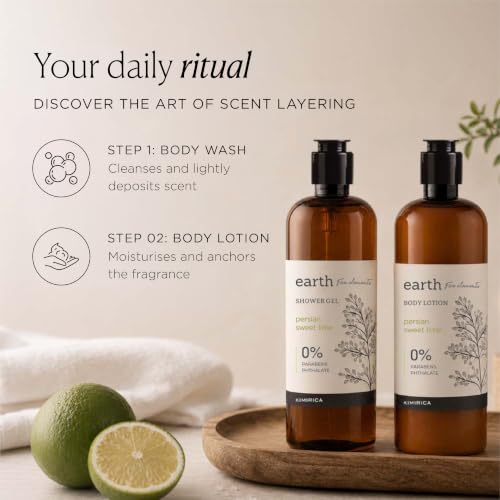 Image of Kimirica Earth Shower Gel and Moisturizing Summer Body Lotion Bath Care Duo | Enrich with Zestful Balsam and Frankincense for men & women 100% Vegan (290ml | 290ml) (Persian Sweet Lime, 290mlx2)