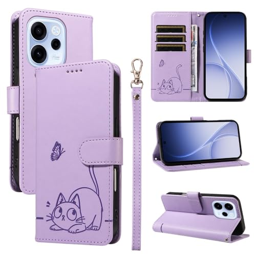Étui OnePlus 13R 5G violet avec motif chat papillon housse portefeuille