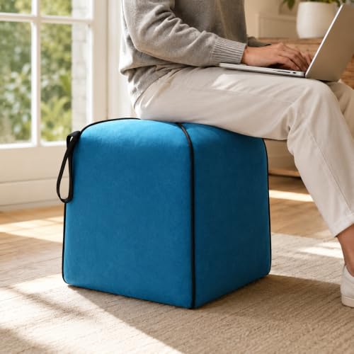 Image of FURNY Signature Regalia Suri Accent Pouf | Boston Fabric | 40D High-Density Foam | (Ocean Blue) | Footrest, Vanity Ottoman & Accent Seat for Home, Office & Hotel