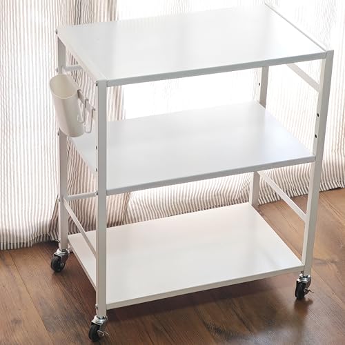 Secchuu スチールラック3段 デスクターナ 幅50x奥行30x高さ64cm レンジラック デスク下収納 本体4.7kg 耐荷重45kg キャスター付き 棚 PS5横置きラック スタンド 収納ワゴン プリンター台 サイド収納 ストッパー付きキャスター 棚板１枚耐荷重15KG 中段棚板高さ3段階調節可能 (Steel rack-3132 White, 3段)