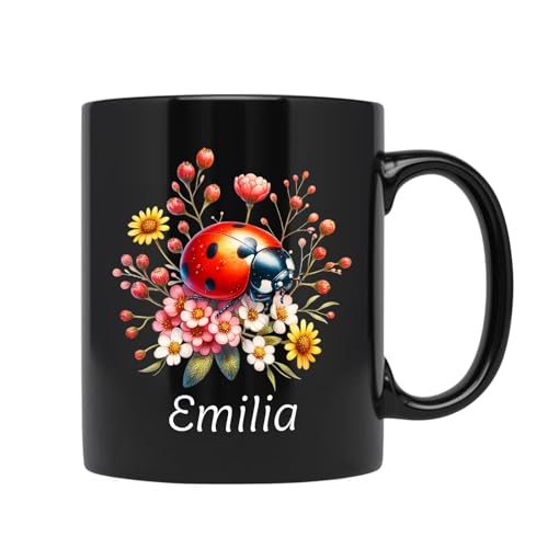 Ladybug Ceramic Cup, Personalized Ladybug Tea Mug Gift, Customized Ladybug Coffee Cup Present For Christmas Holiday, Custom Ladybug Travel Mug With Name, Ladybug Mug, Black Pottery Cup 11oz 15oz