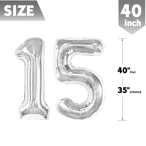 Image of 40 Inch Silver Number 15 Balloon Birthday Party Decorations for Men & Women | 40 Inch Silver inflatable foil number balloons, large birthday decorations for 15th birthday