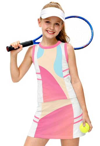 Image of AOBUTE Girls Tennis Golf Outfit Tank Top and Skirt with Shorts Set 4-12 Years