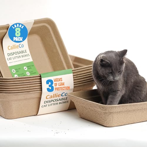CallieCo Disposable Cat Litter Boxes - Portable Biodegradable Travel Litter Box for Cats, Sturdy and Durable Kitty Poo Box, Leak-Resistant Cat Tray Liners, Easy-Grip Rim, Large - 8 Pack