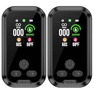 2-Pcs 4IN1 Plug in Carbon Monoxide Detector & Smoke Alarm Combination Builti-in 2000 mAh Battery with 2.1” HD Screen [Smoke CO Temp Humidity Monitor] Plug&Play for Home Travel Hotel (Black)