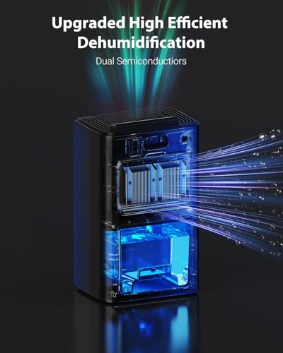 Image of UBBO 95oz Dehumidifiers for Home, 1000 Sq.Ft Dehumidifier with Drain Hose - Auto Shut Off, Timer, Sleep Mode & Drain Hose - 7 Color Light for Bedroom, Bathroom, RV - Black