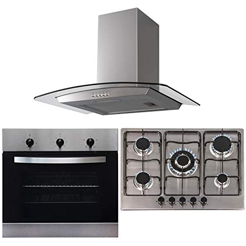 SIA 60cm Stainless Steel Single Electric Oven, 70cm Gas Hob & Curved Glass Hood