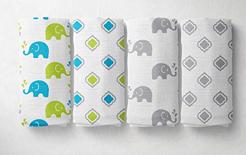 Image of Bacati - 4 Pack Elephant Baby Muslin Swaddle Blanket Unisex Swaddle Wrap Soft Breathable for Boys or Girls, Large 45 x 45 inches (Elephants Aqua/Lime/Gray)