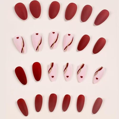 Image of Red Press on Nails Heart Fake Nails Medium Almond False Nail with Line Design Nude Pink Glue on Nails Glossy Acrylic Nail Full Cover Stick on Nail for Women Manicure Valentine's Day Manicure