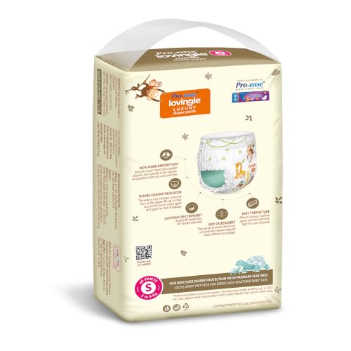 Image of Pro-ease Lovingle Luxury Baby Diaper|Pant Style Diaper for Baby|Diaper S size|2X Preference on Absorption*IAdvanced Leakage Protection|Wetness Indicator|Easy Throw Tape|5-8 kg|69 Pieces