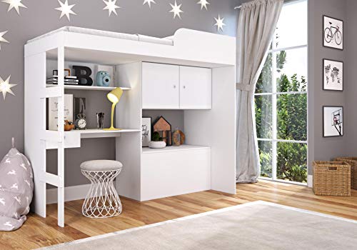 Cama Alta Multifuncional com baú e escrivaninha Lion Branco - Art...